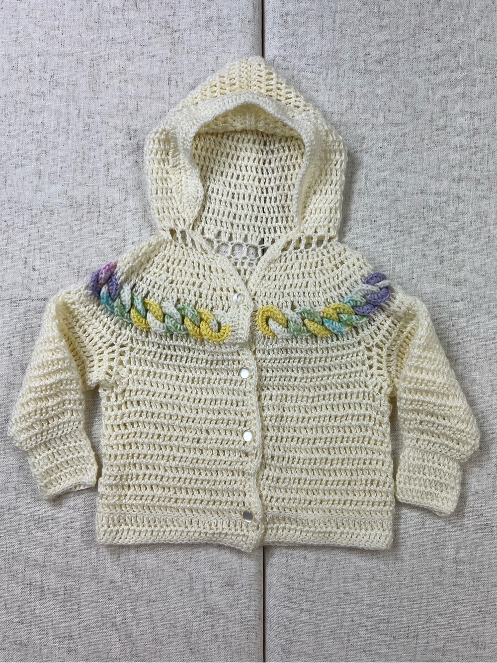 Vintage Handmade Crochet Hooded Baby Cardigan Cream Pastel Braid 18-24 Months